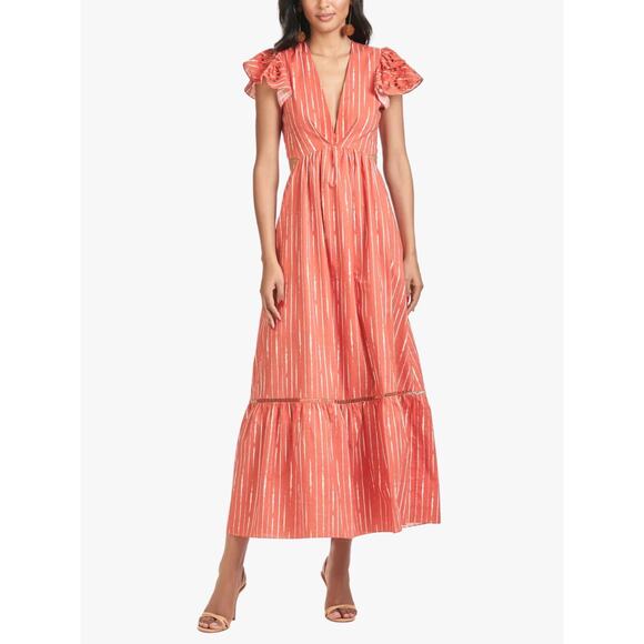 Sachin & Babi Orange White 100% Cotton Georgia Flutter Midi Dress Size 8 - Picture 1 of 8